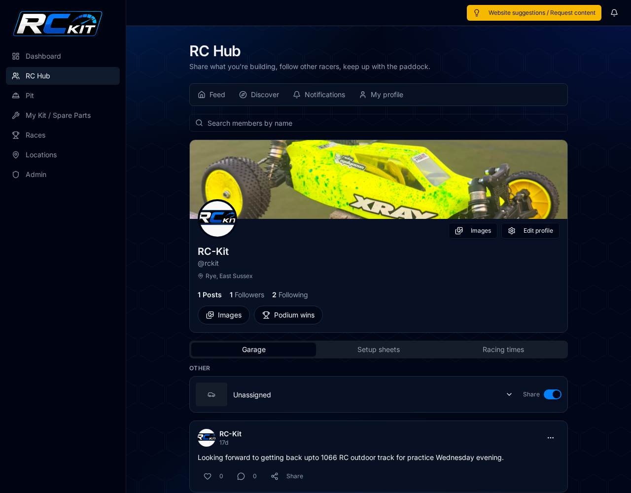 RC Hub member profile with shared vehicles and podium tabs